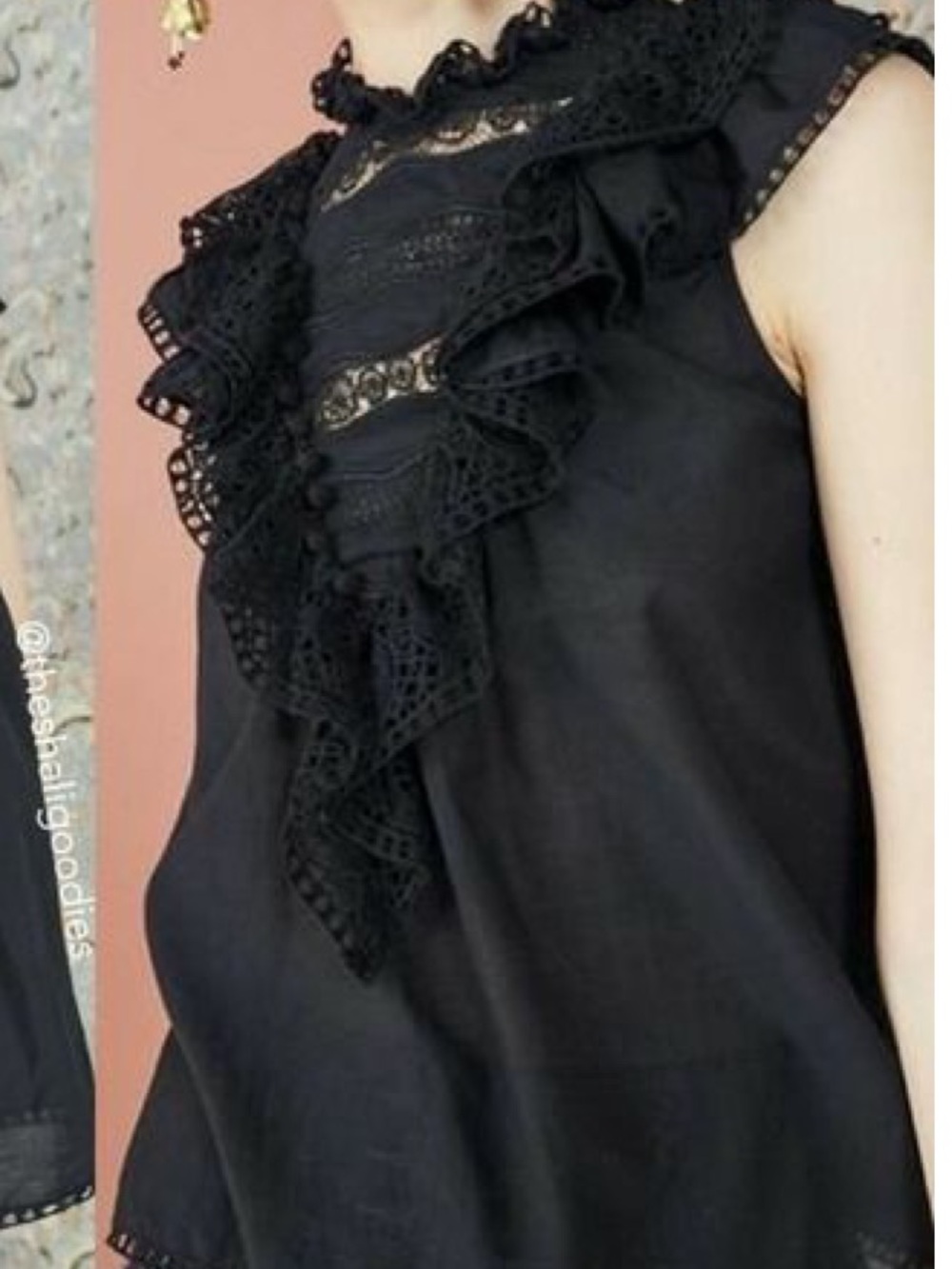 Ulla Johnson Black Crochet Bib Flutter-Sleeve Blouse